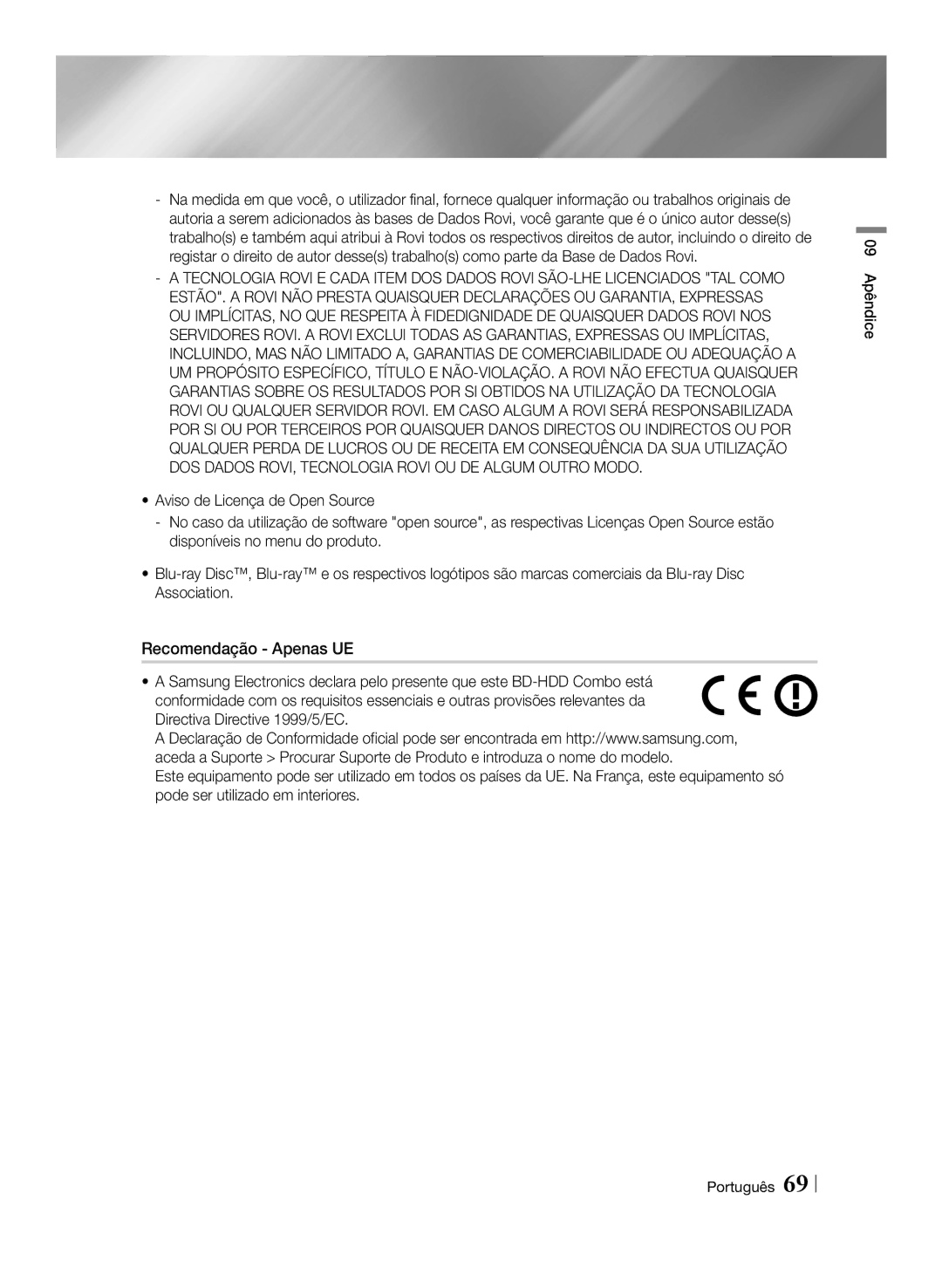 Samsung BD-E8300/EN, BD-E8900/ZF, BD-E8500/ZF, BD-E8300/ZF manual 09 Apêndice Português 