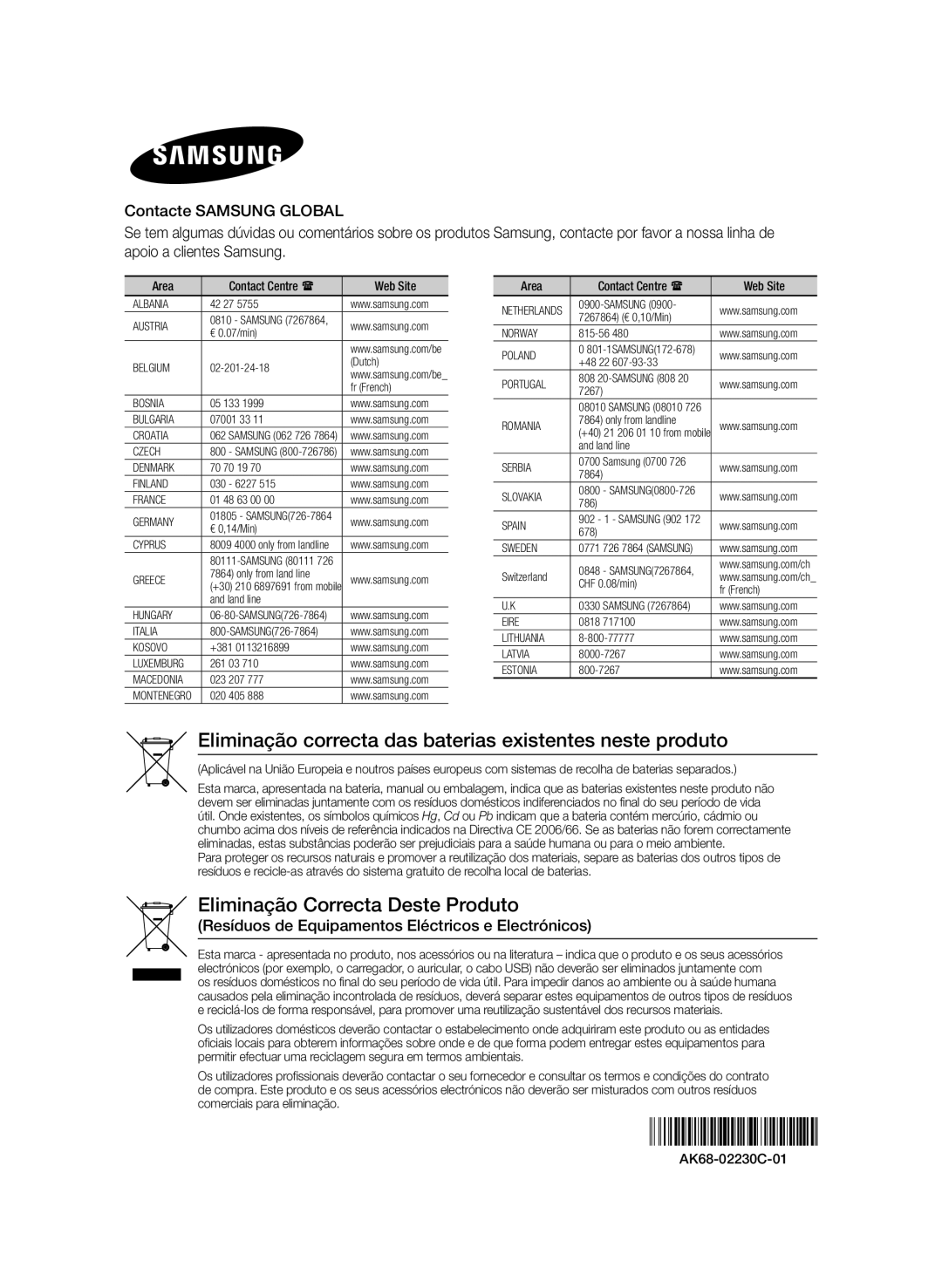 Samsung BD-E8300/EN, BD-E8900/ZF, BD-E8500/ZF, BD-E8300/ZF Eliminação correcta das baterias existentes neste produto, Area 