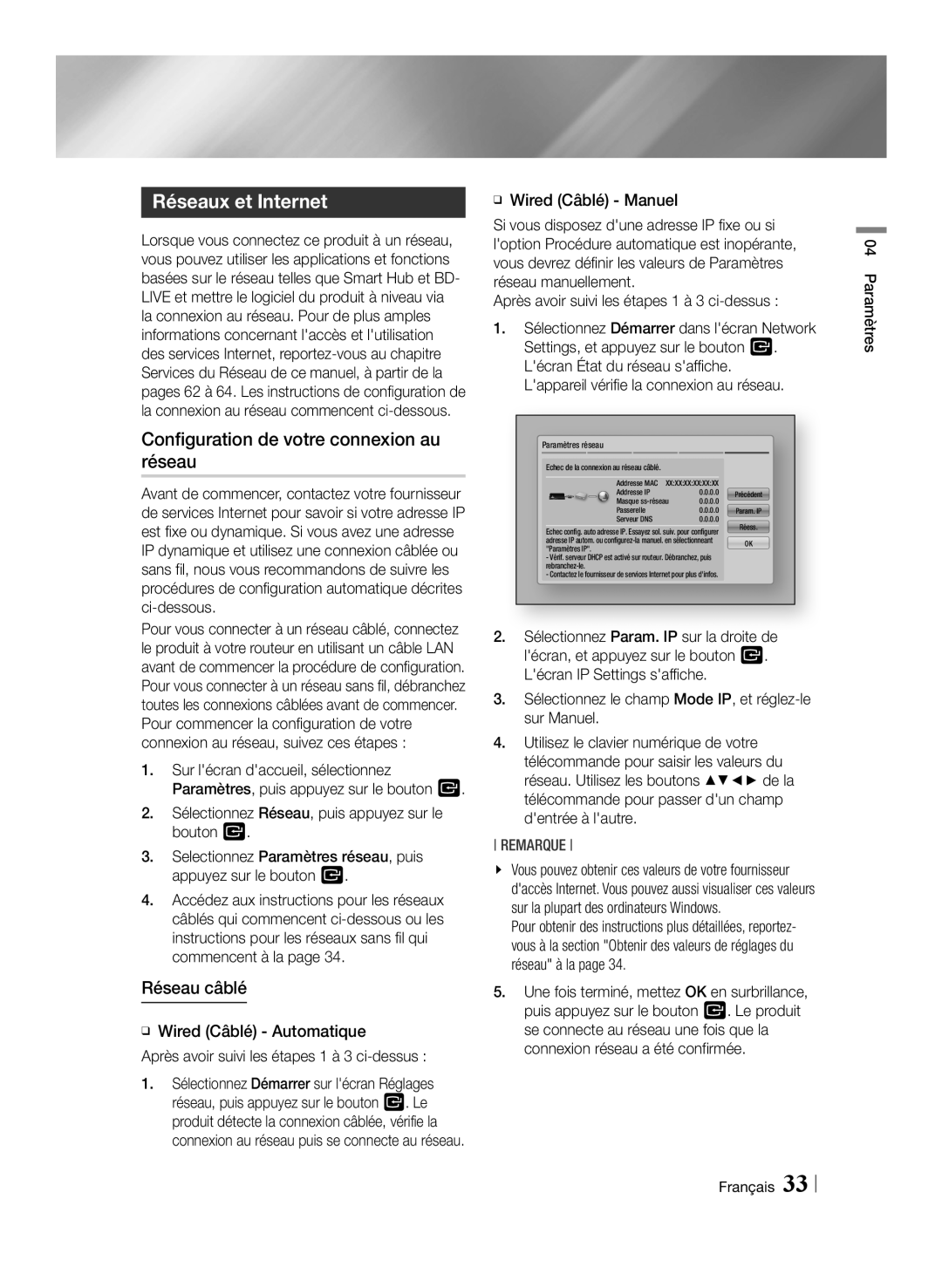 Samsung BD-E8900/ZF, BD-E8300/EN, BD-E8500/ZF Réseaux et Internet, Configuration de votre connexion au réseau, Réseau câblé 