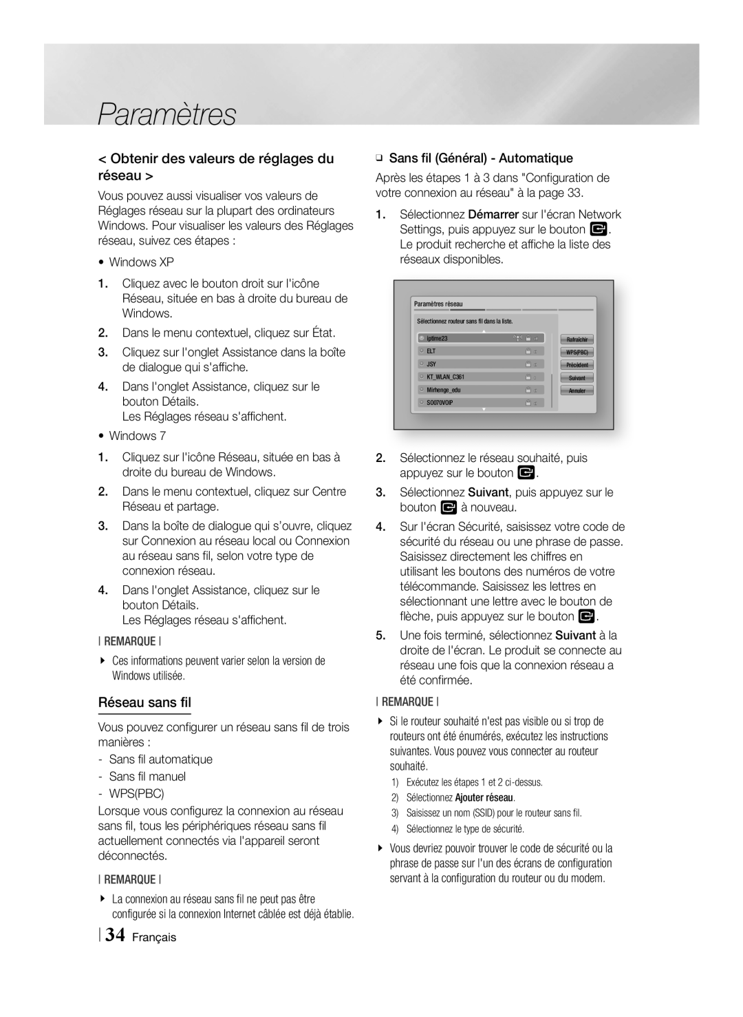 Samsung BD-E8500/ZF Obtenir des valeurs de réglages du réseau, Réseau sans fil, Wpspbc, ĞĞ Sans fil Général Automatique 