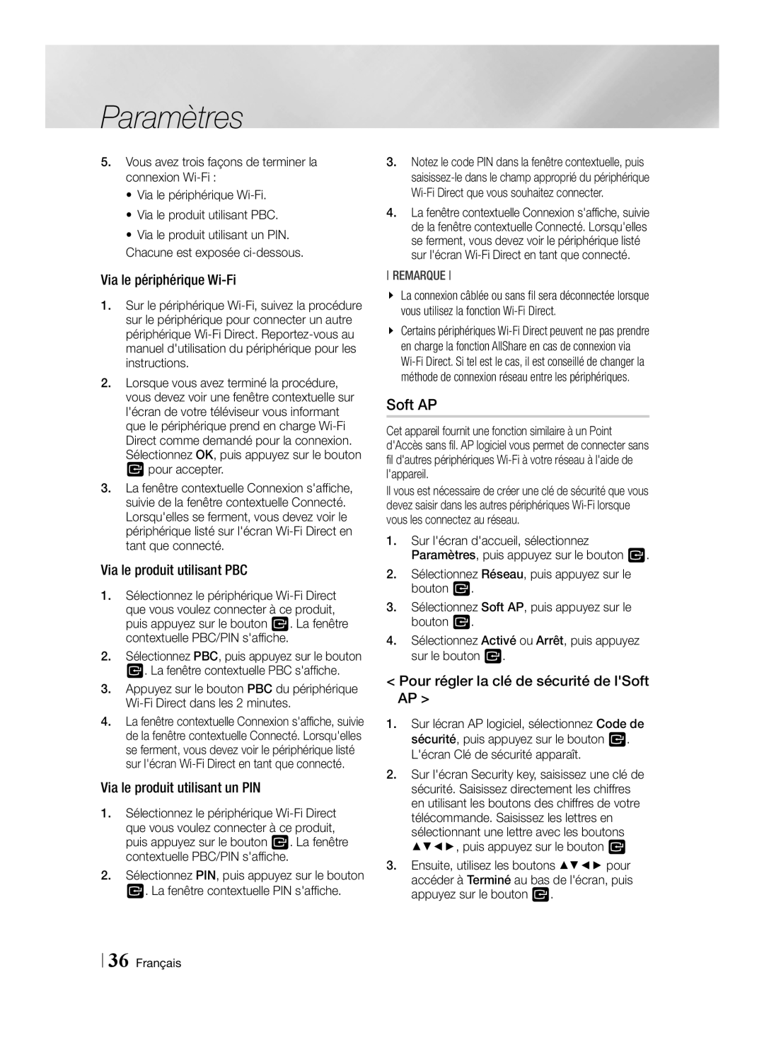 Samsung BD-E8300/EN Soft AP, Via le périphérique Wi-Fi, Via le produit utilisant PBC, Via le produit utilisant un PIN 