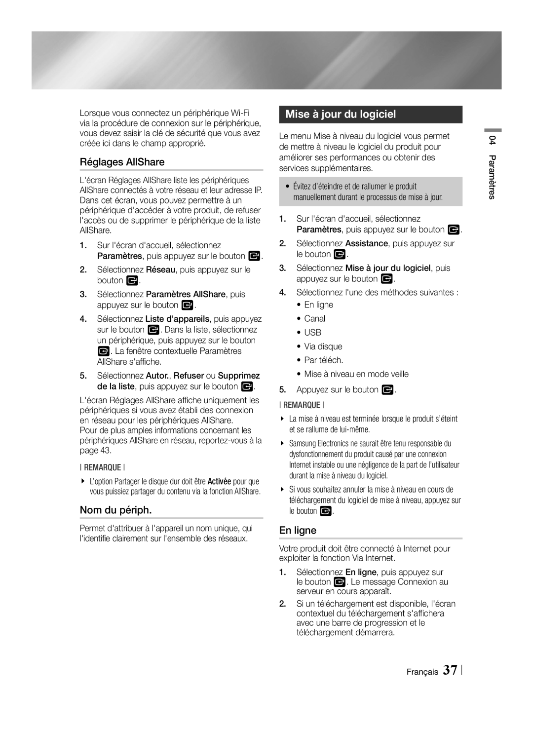 Samsung BD-E8900/ZF, BD-E8300/EN, BD-E8500/ZF manual Réglages AllShare, Nom du périph, Mise à jour du logiciel, En ligne, Usb 