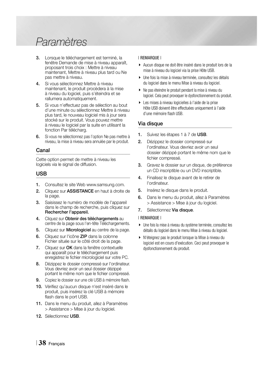 Samsung BD-E8500/ZF, BD-E8300/EN, BD-E8900/ZF, BD-E8300/ZF manual Canal, 12. Sélectionnez USB, Sélectionnez Via disque 