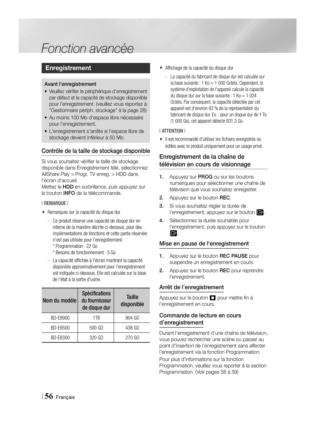 Samsung BD-E8300/EN, BD-E8900/ZF, BD-E8500/ZF, BD-E8300/ZF manual Fonction avancée, Enregistrement 