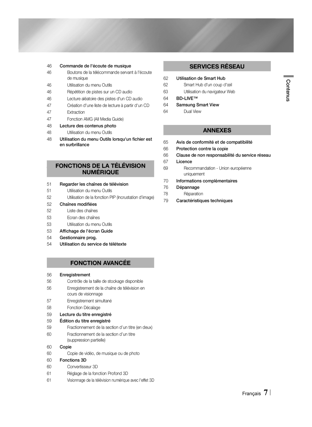 Samsung BD-E8300/ZF, BD-E8300/EN, BD-E8900/ZF, BD-E8500/ZF manual Contenus Français 