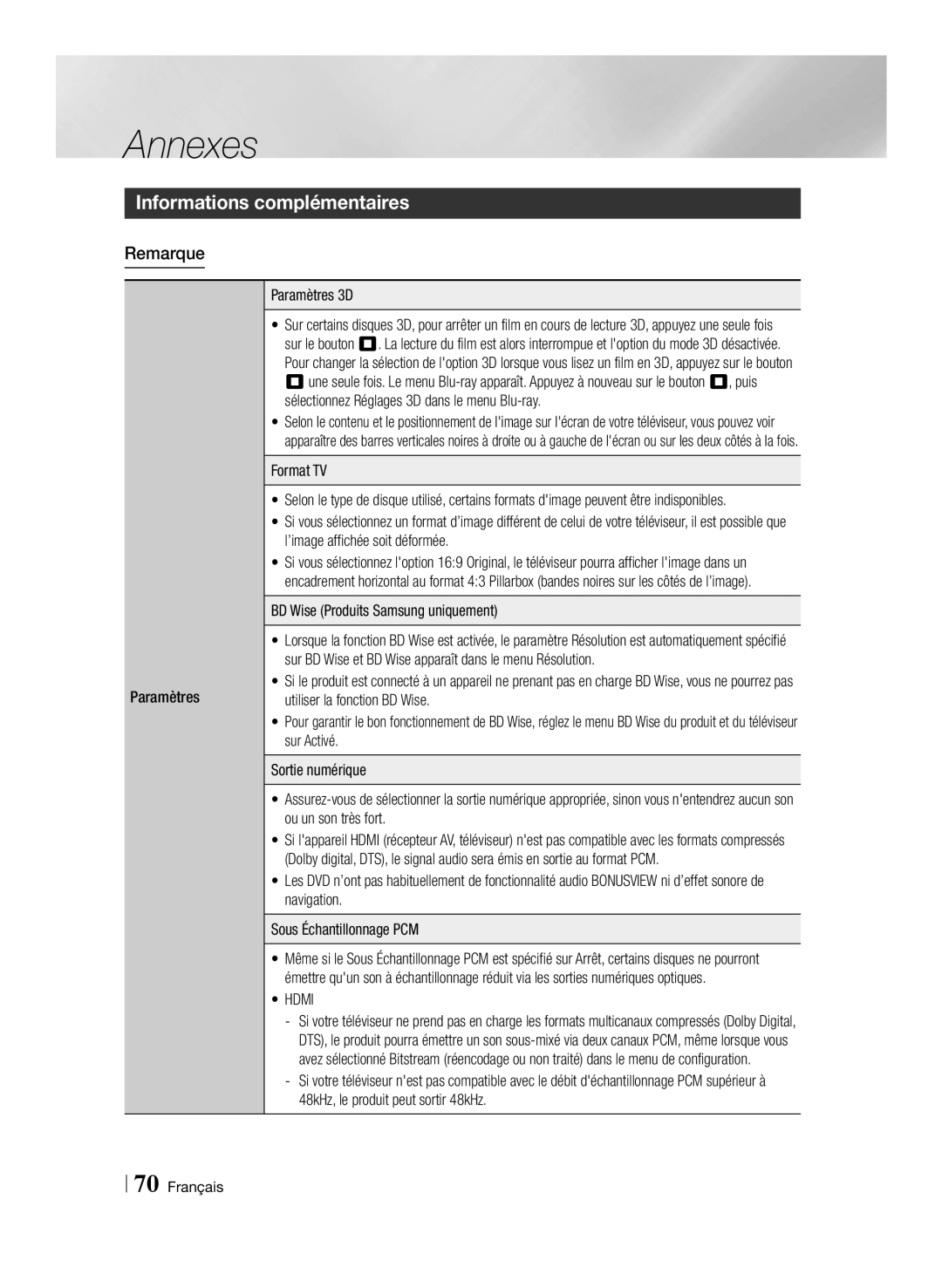 Samsung BD-E8500/ZF Informations complémentaires, Remarque, Paramètres Paramètres 3D, BD Wise Produits Samsung uniquement 