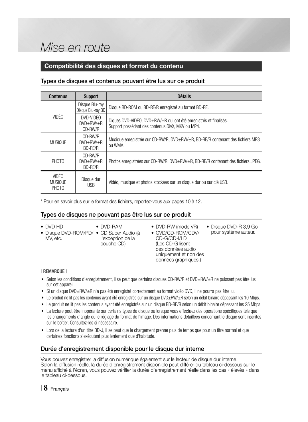 Samsung BD-E8300/EN, BD-E8900/ZF, BD-E8500/ZF, BD-E8300/ZF Mise en route, Compatibilité des disques et format du contenu 