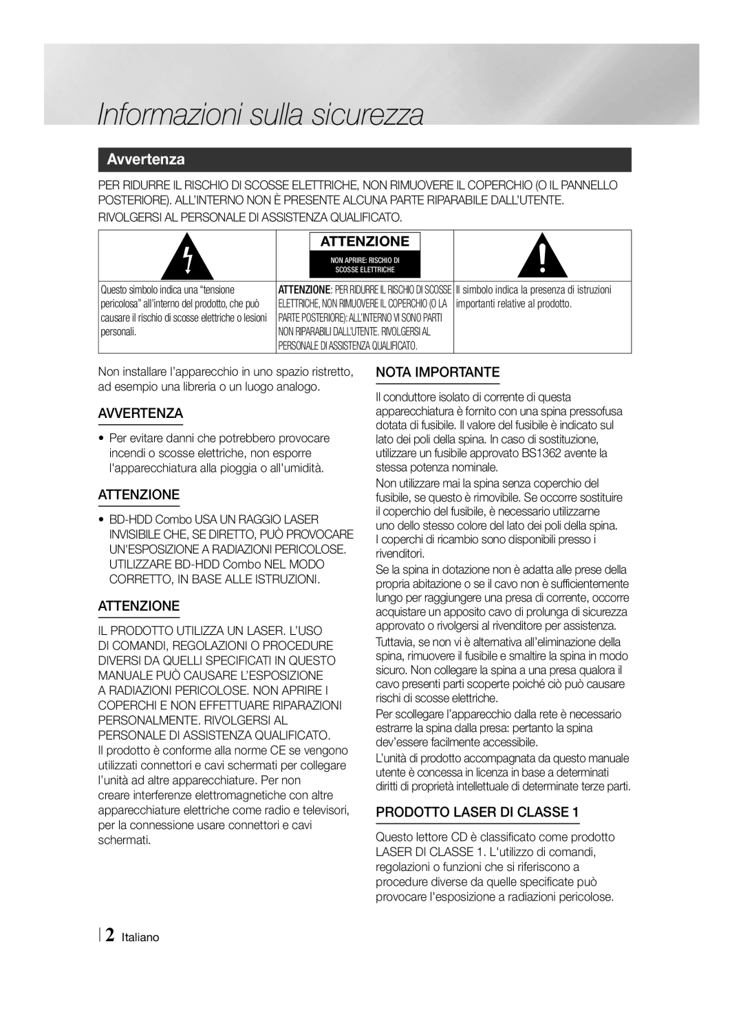 Samsung BD-E8300/ZF manual Informazioni sulla sicurezza, Avvertenza, Importanti relative al prodotto, Personali, Italiano 