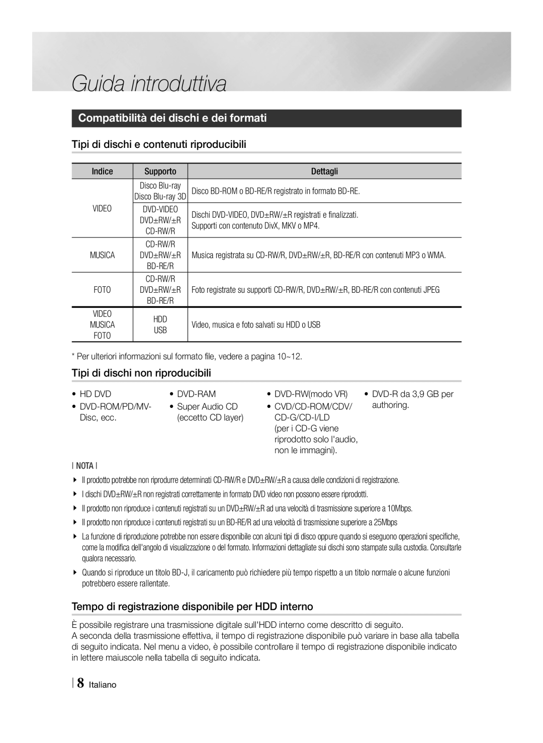 Samsung BD-E8900/ZF Guida introduttiva, Compatibilità dei dischi e dei formati, Tipi di dischi e contenuti riproducibili 