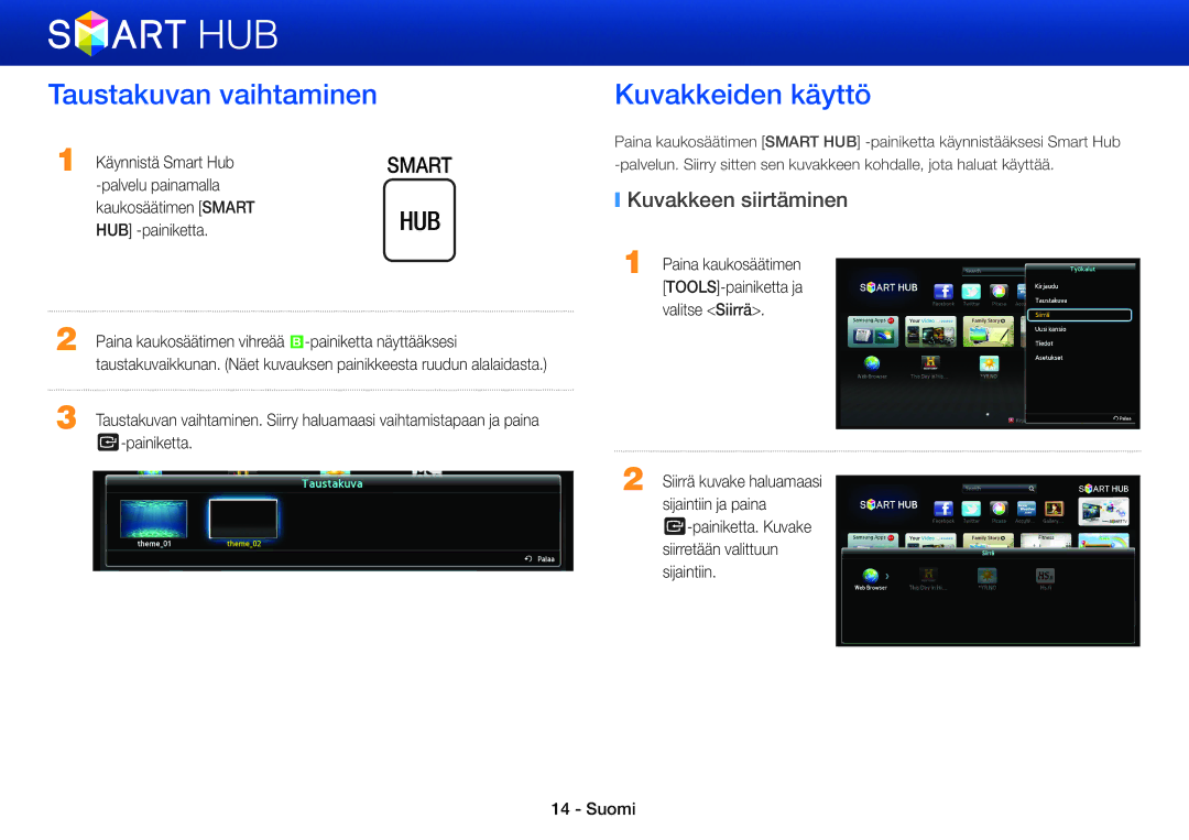 Samsung STB-E7900N/XE, BD-E8300N/XE, BD-E8300S/XE manual Taustakuvan vaihtaminen, Kuvakkeiden käyttö, Kuvakkeen siirtäminen 