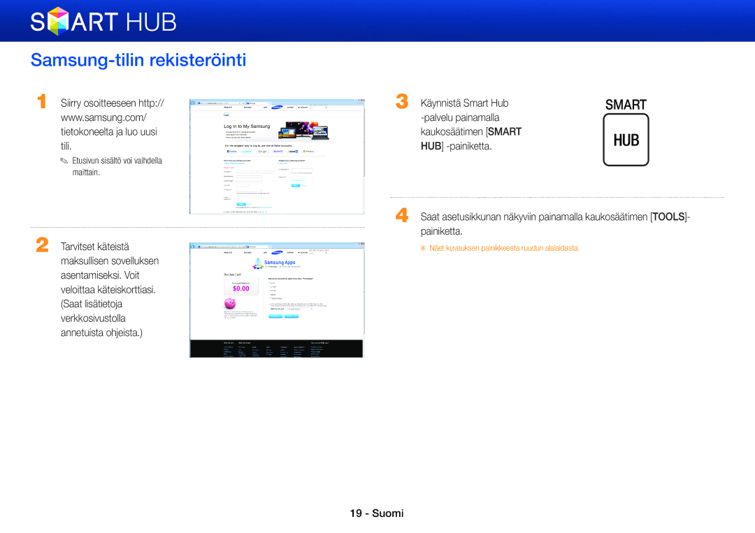 Samsung BD-E8500N/XE, BD-E8300N/XE, BD-E8300S/XE, BD-E8500S/XE, BD-E8900N/XE Samsung-tilin rekisteröinti, Käynnistä Smart Hub 