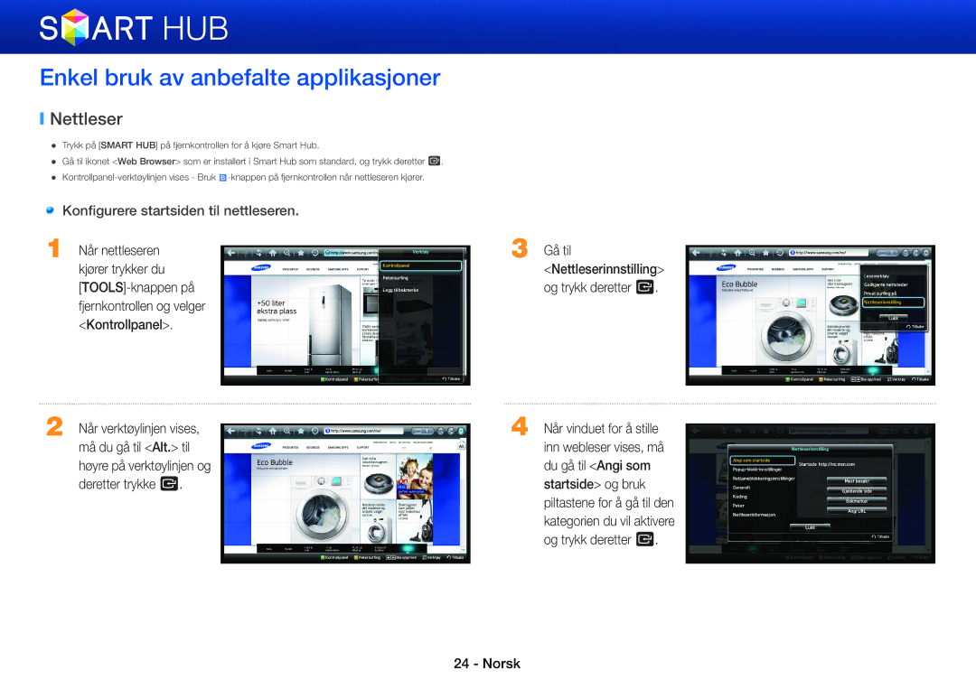 Samsung BD-E8300N/XE manual Enkel bruk av anbefalte applikasjoner, Nettleser, Konfigurere startsiden til nettleseren 