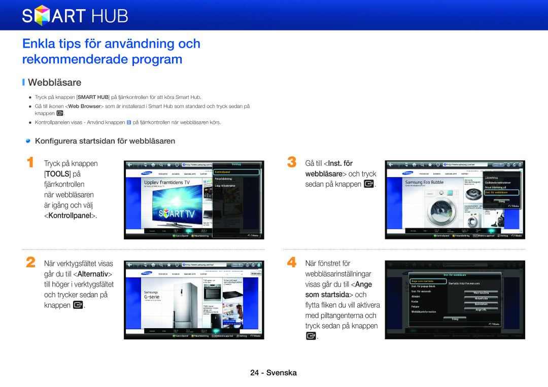 Samsung BD-E8300N/XE, BD-E8300S/XE, BD-E8500S/XE manual Enkla tips för användning och rekommenderade program, Webbläsare 