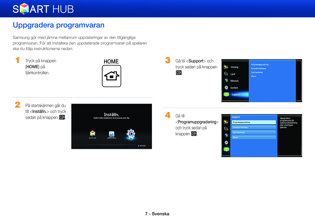 Samsung STB-E7500N/XE Uppgradera programvaran, Tryck på knappen, Home på, Gå till Support och tryck sedan på knappen e 