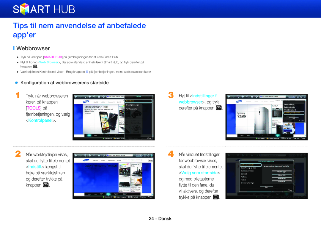 Samsung BD-E8300N/XE, BD-E8300S/XE, BD-E8500S/XE, BD-E8500N/XE manual Tips til nem anvendelse af anbefalede apper, Webbrowser 