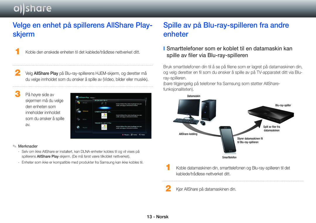 Samsung STB-E7900N/XE Velge en enhet på spillerens AllShare Play- skjerm, Spille av på Blu-ray-spilleren fra andre enheter 