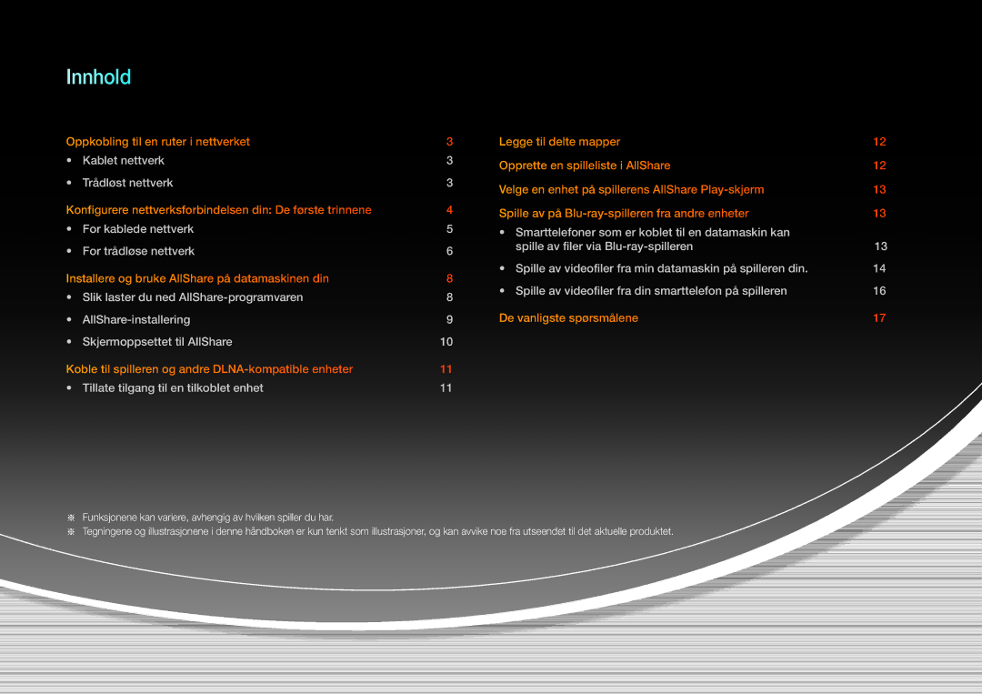 Samsung BD-E8900N/XE, BD-E8300N/XE, BD-E8500N/XE, STB-E7900N/XE, STB-E7500N/XE manual Innhold 