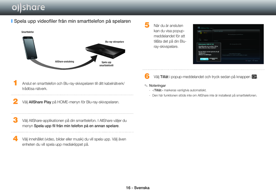 Samsung BD-E8500N/XE, BD-E8300N/XE, BD-E8900N/XE, STB-E7900N/XE manual Spela upp videofiler från min smarttelefon på spelaren 