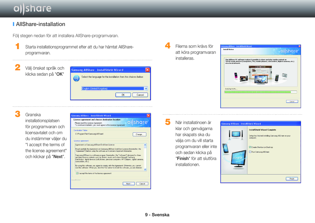 Samsung STB-E7500N/XE manual AllShare-installation, Programvaran, Välj önskat språk och Klicka sedan på OK, Installeras 