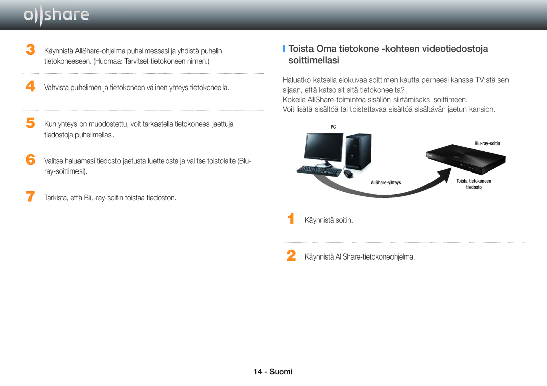 Samsung STB-E7500N/XE, BD-E8300N/XE, BD-E8500N/XE, BD-E8900N/XE Toista Oma tietokone -kohteen videotiedostoja soittimellasi 