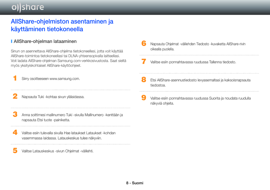 Samsung STB-E7900N/XE, BD-E8300N/XE, BD-E8500N/XE, BD-E8900N/XE, STB-E7500N/XE manual AllShare-ohjelman lataaminen 