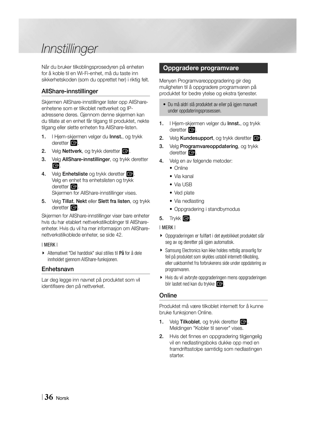 Samsung BD-E8900N/XE, BD-E8300N/XE, BD-E8500N/XE manual AllShare-innstillinger, Enhetsnavn, Oppgradere programvare 