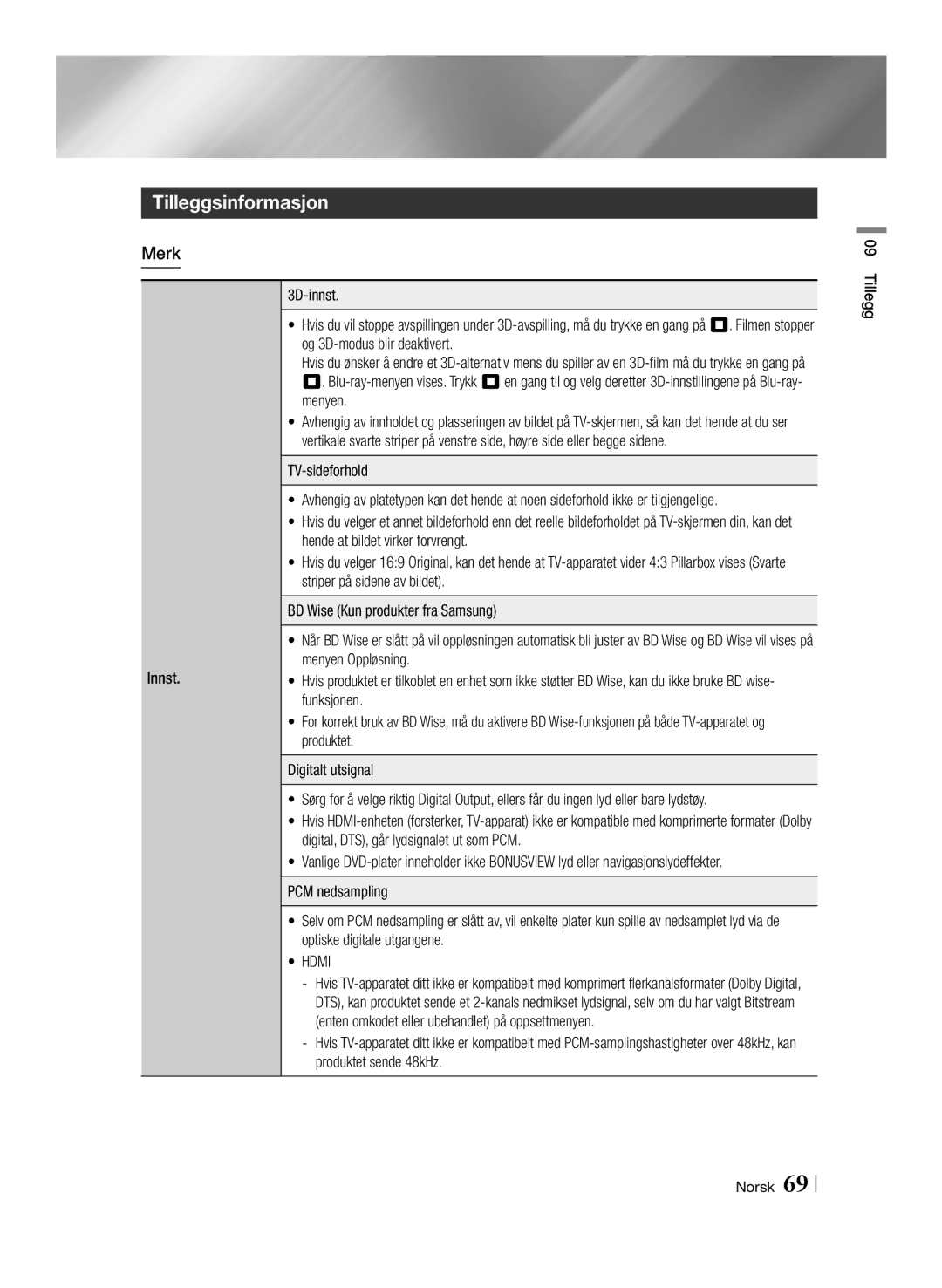 Samsung BD-E8900N/XE, BD-E8300N/XE, BD-E8500N/XE manual Tilleggsinformasjon, Merk 