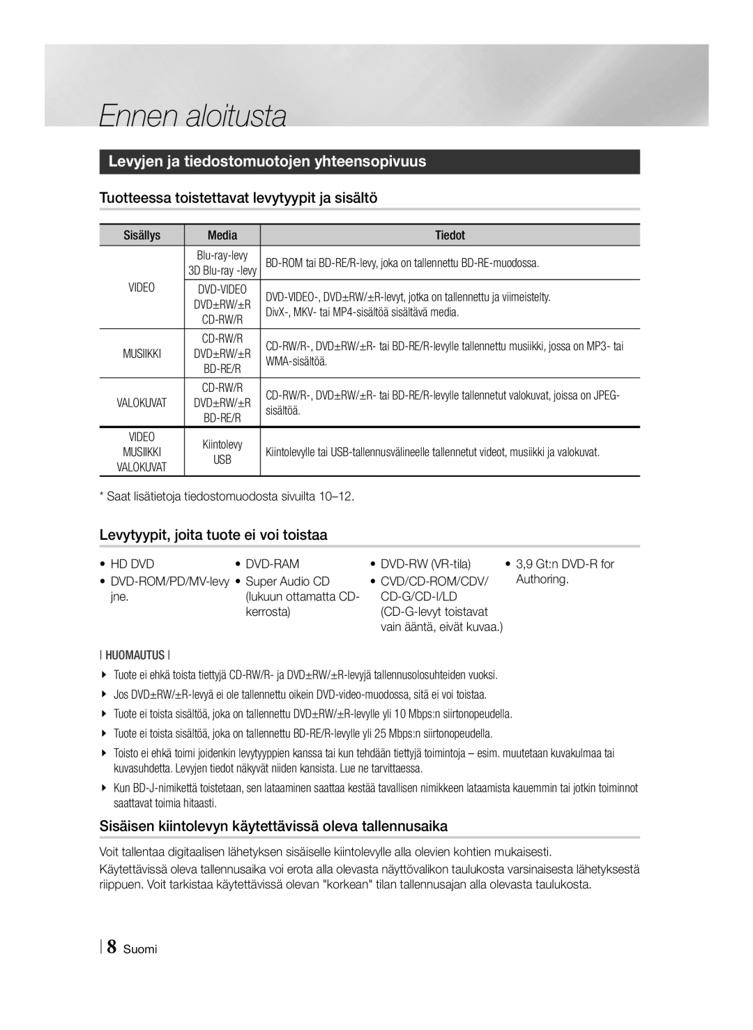 Samsung BD-E8300N/XE Ennen aloitusta, Levyjen ja tiedostomuotojen yhteensopivuus, Levytyypit, joita tuote ei voi toistaa 