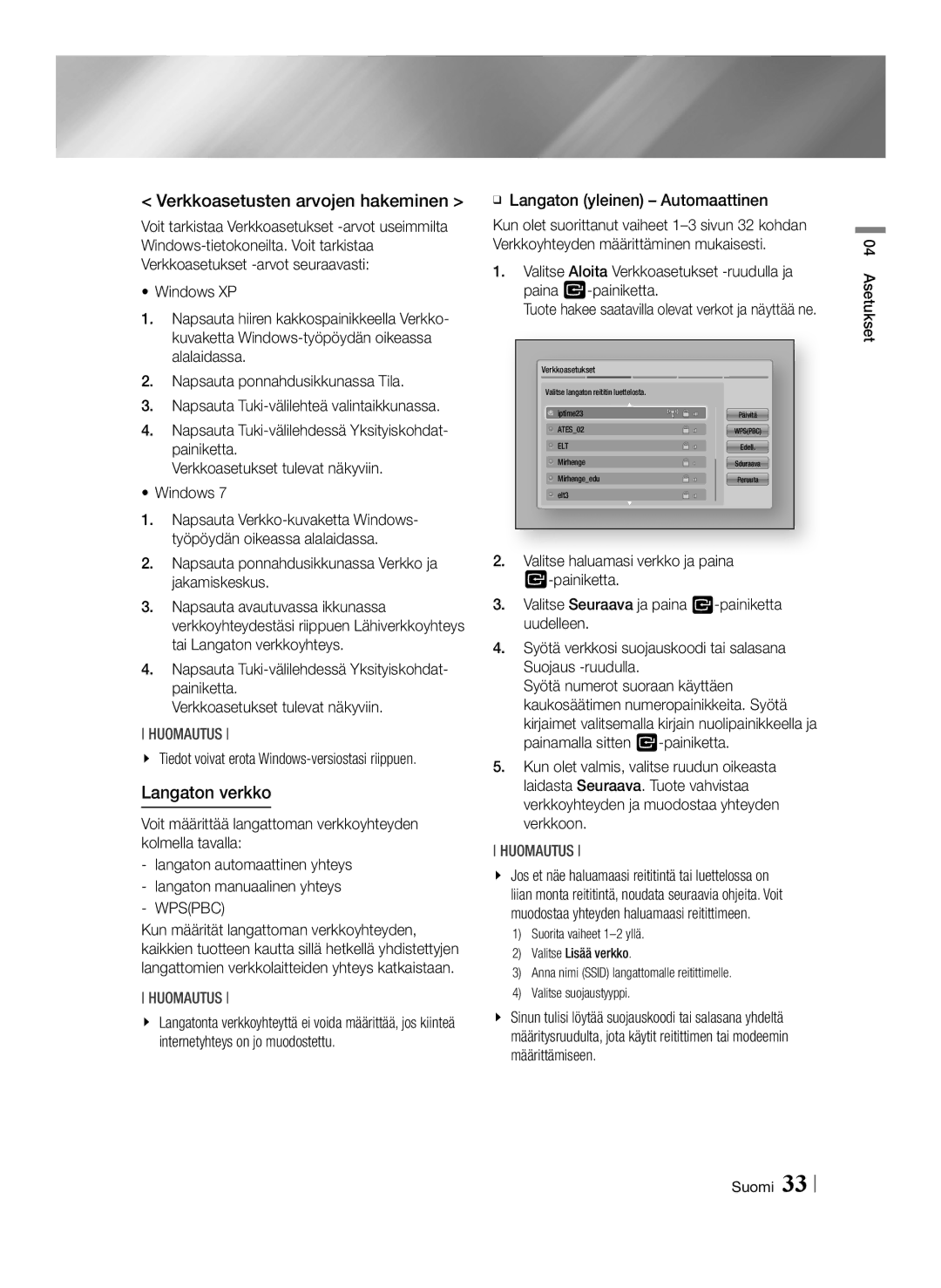 Samsung BD-E8500N/XE, BD-E8300N/XE, BD-E8900N/XE manual Verkkoasetusten arvojen hakeminen, Langaton verkko 