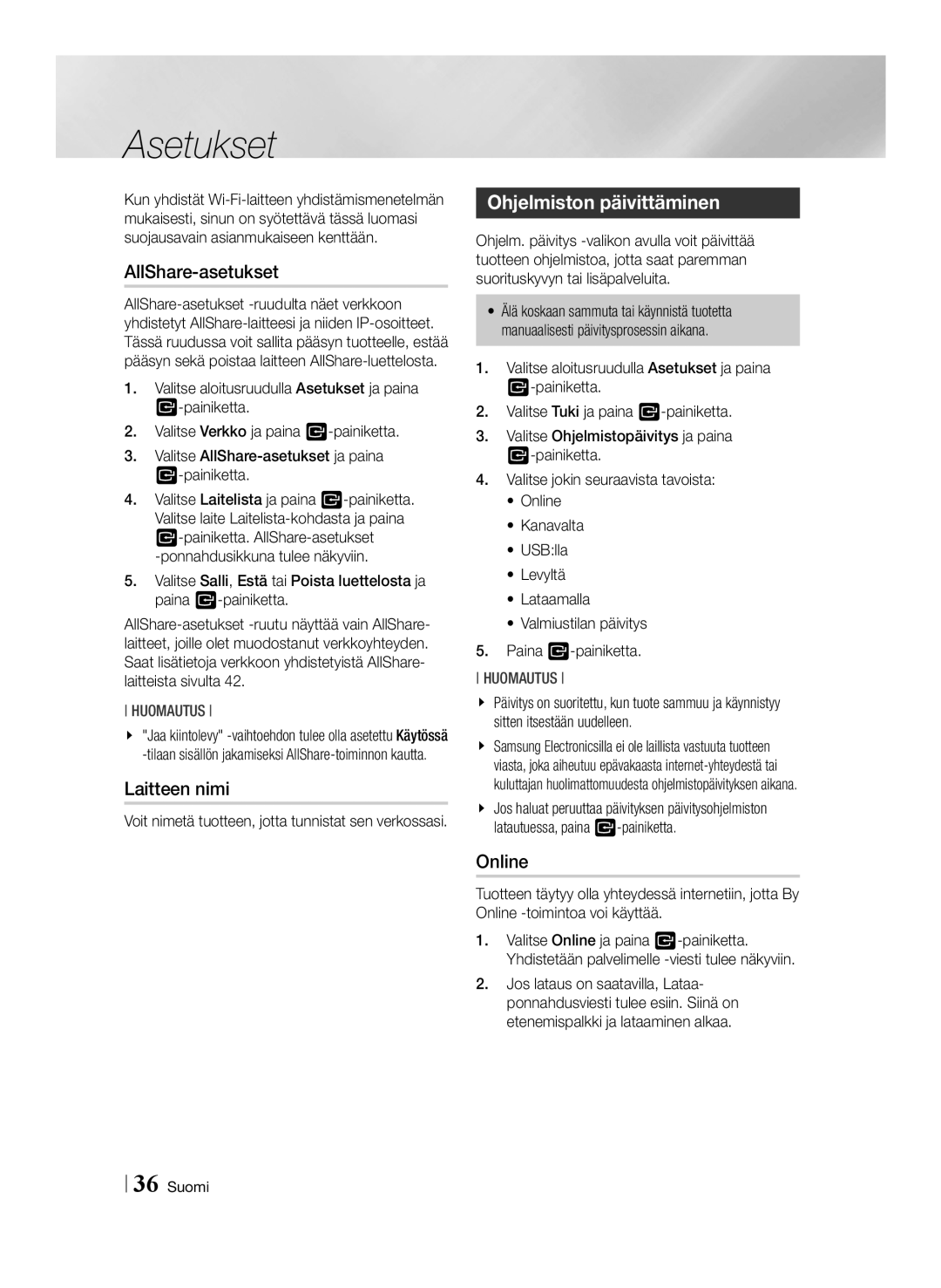 Samsung BD-E8500N/XE, BD-E8300N/XE, BD-E8900N/XE manual AllShare-asetukset, Laitteen nimi, Ohjelmiston päivittäminen 