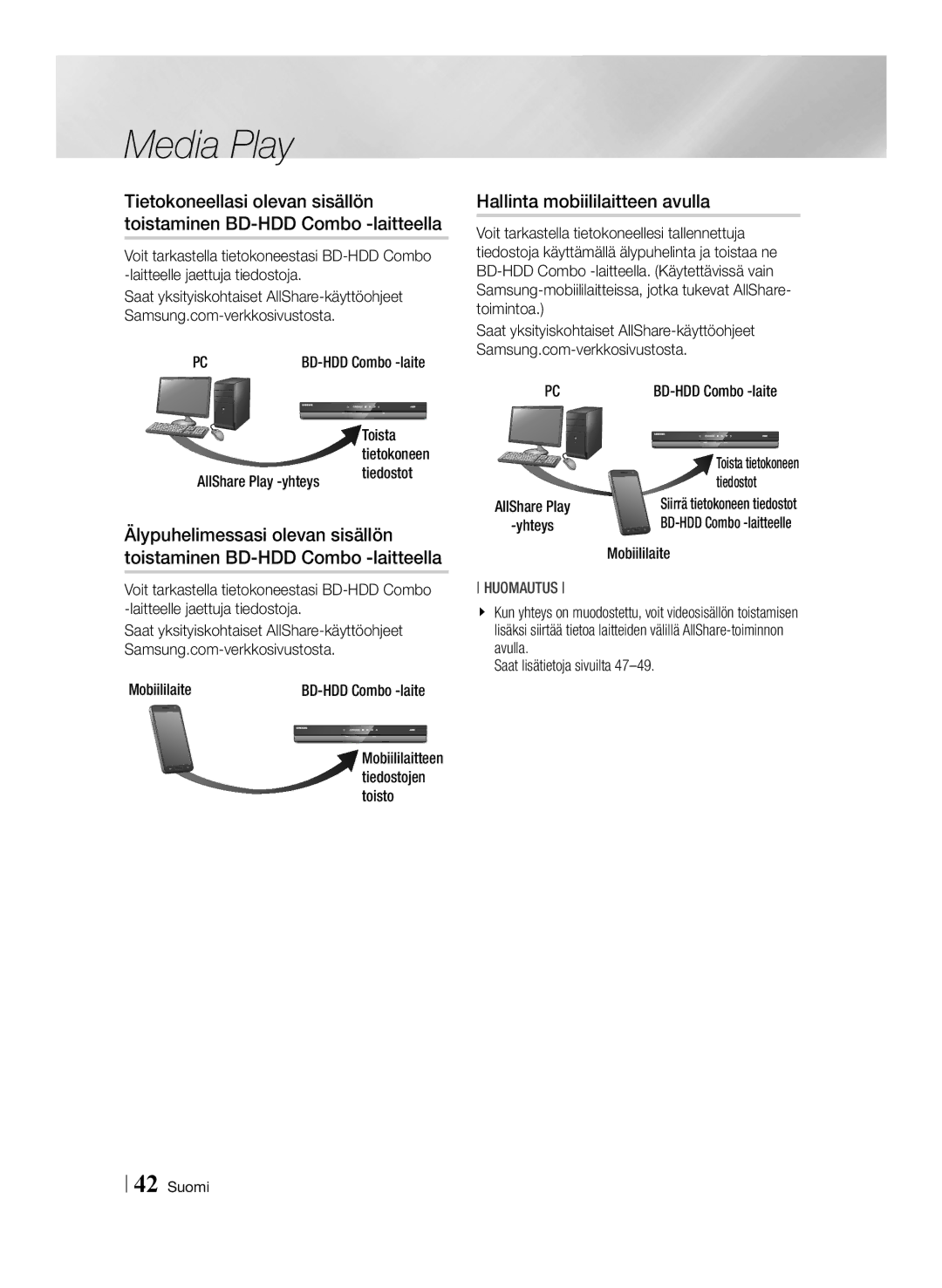 Samsung BD-E8500N/XE, BD-E8300N/XE Hallinta mobiililaitteen avulla, Toista, AllShare Play -yhteys, Tiedostot, Mobiililaite 