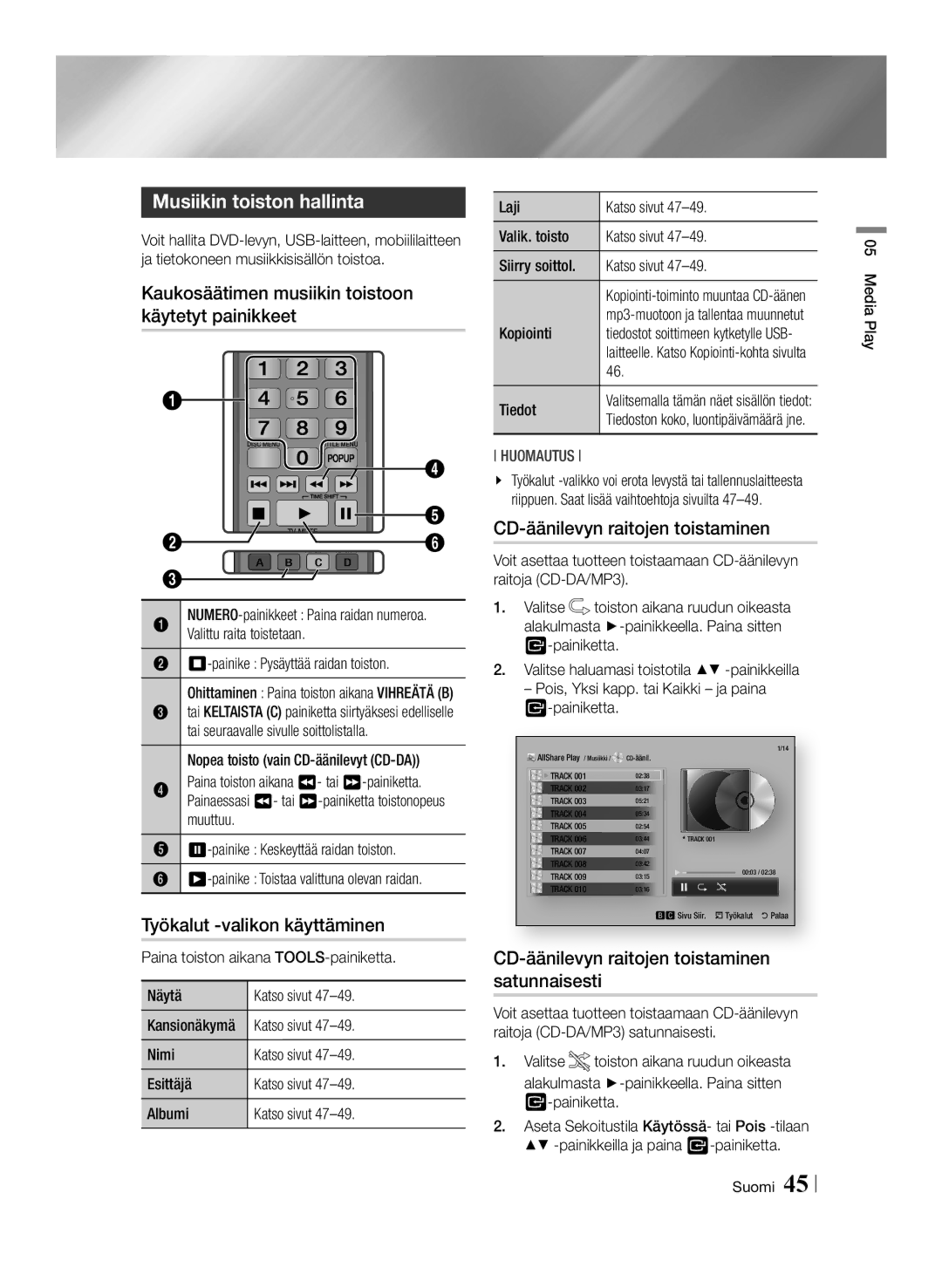 Samsung BD-E8500N/XE, BD-E8300N/XE manual Musiikin toiston hallinta, Kaukosäätimen musiikin toistoon käytetyt painikkeet 