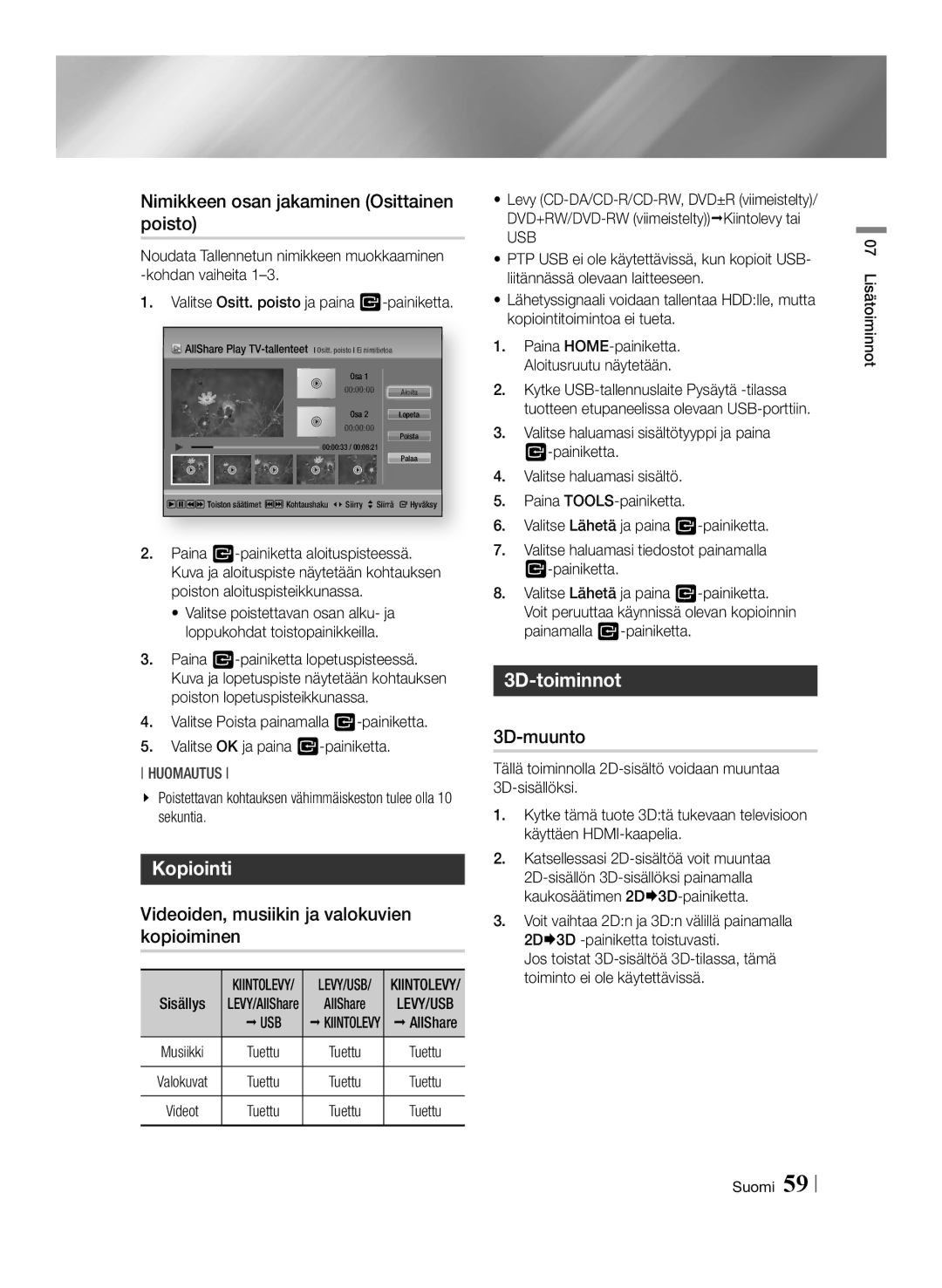 Samsung BD-E8300N/XE Nimikkeen osan jakaminen Osittainen poisto, Kopiointi, Videoiden, musiikin ja valokuvien kopioiminen 