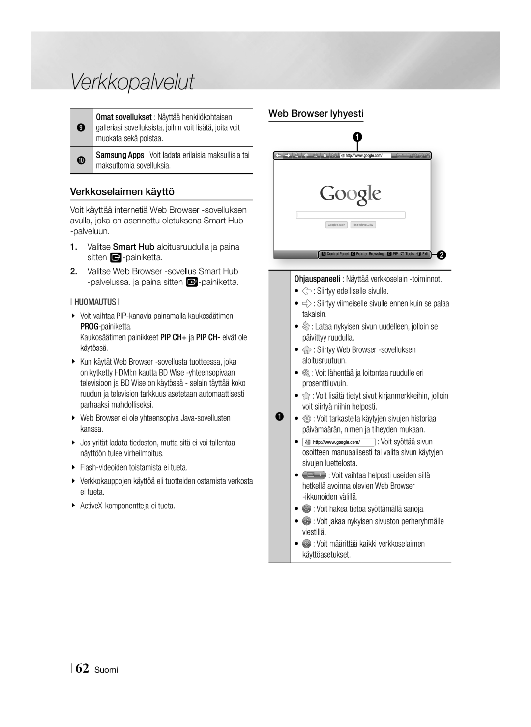 Samsung BD-E8300N/XE, BD-E8500N/XE, BD-E8900N/XE manual Verkkoselaimen käyttö, Web Browser lyhyesti 