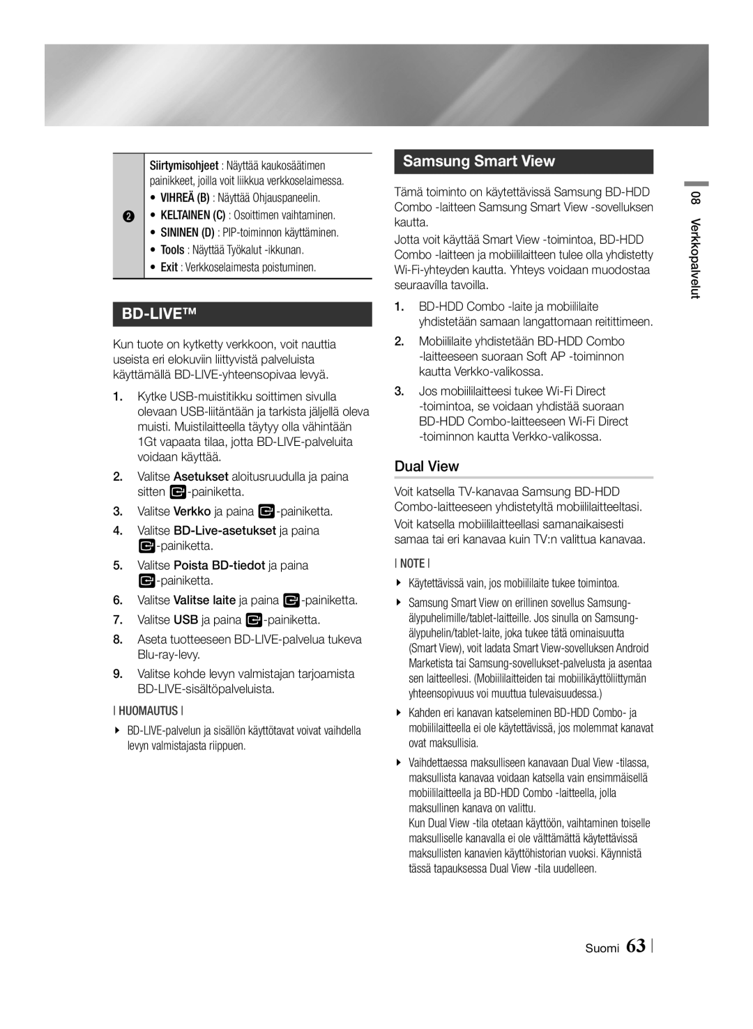 Samsung BD-E8500N/XE, BD-E8300N/XE, BD-E8900N/XE manual Samsung Smart View, Verkkopalvelut Suomi 