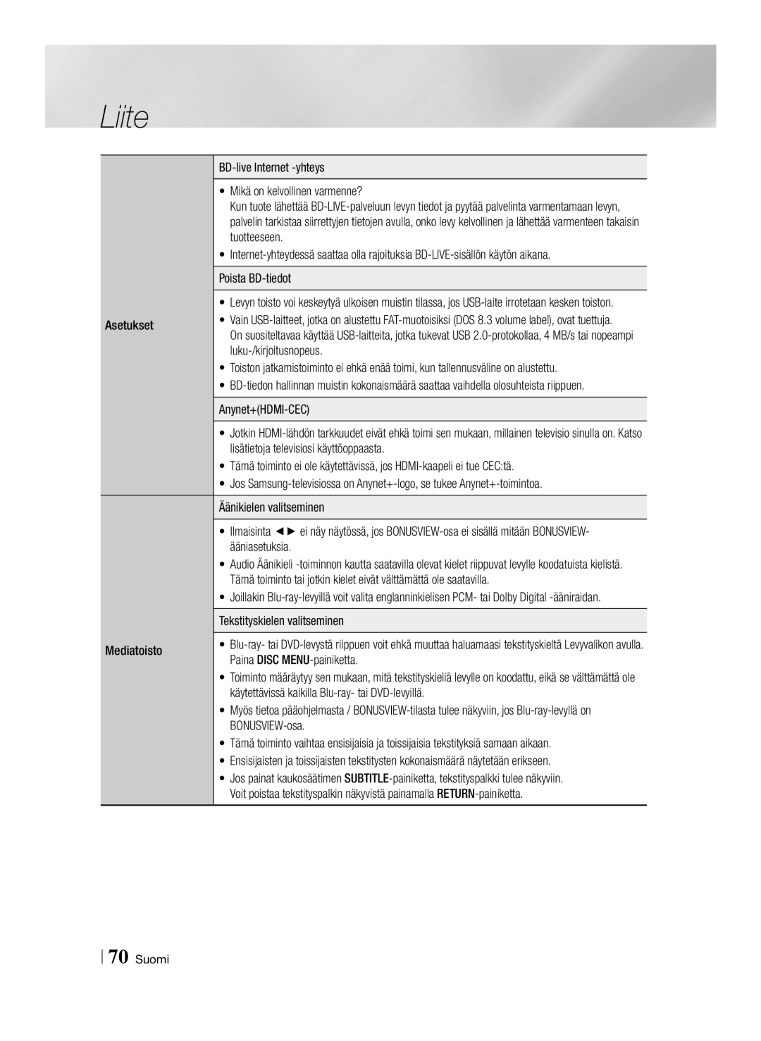 Samsung BD-E8900N/XE manual Asetukset, Luku-/kirjoitusnopeus, Ääniasetuksia, Tekstityskielen valitseminen, Mediatoisto 