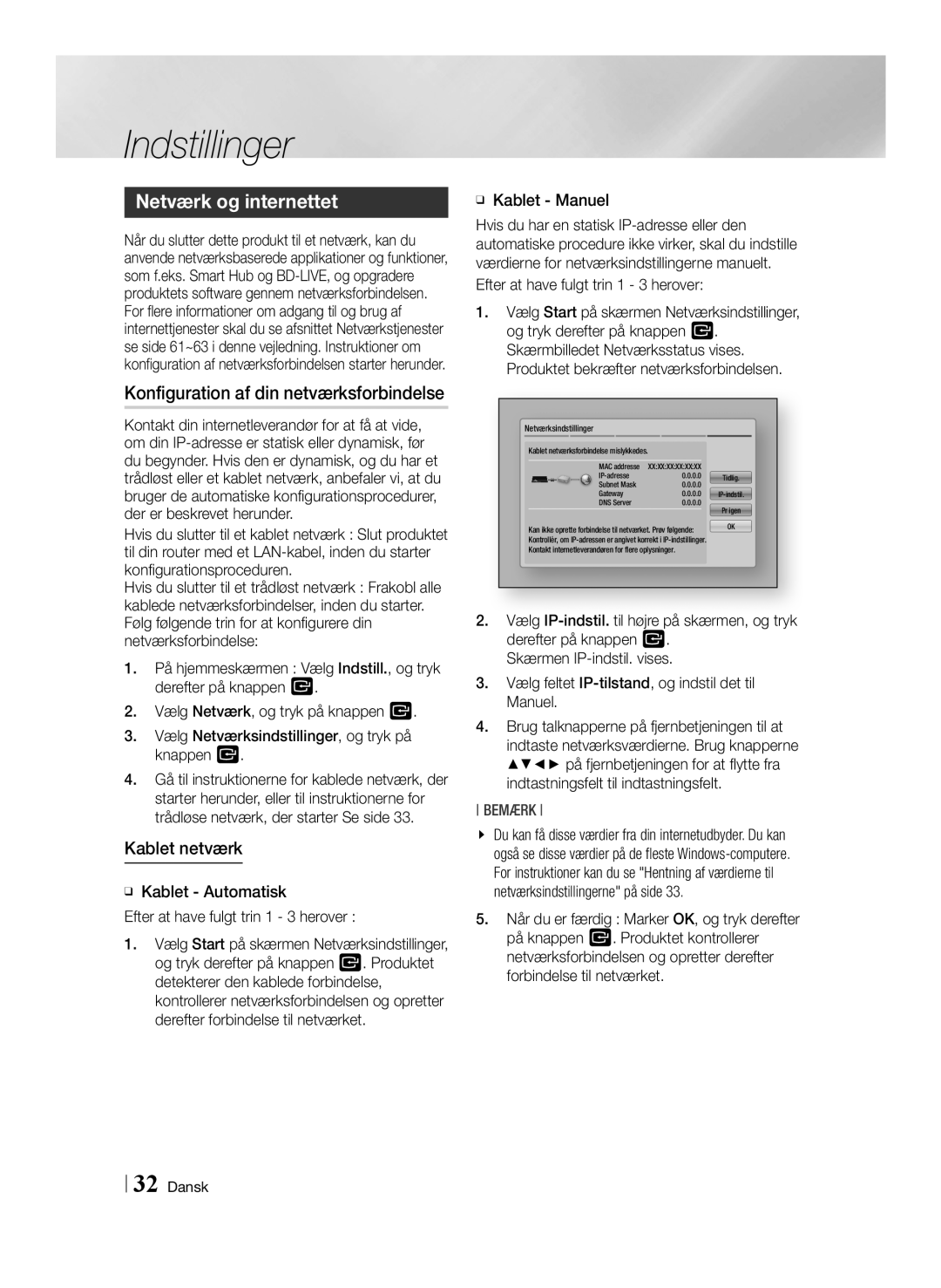 Samsung BD-E8900N/XE, BD-E8300N/XE manual Netværk og internettet, Konfiguration af din netværksforbindelse, Kablet netværk 