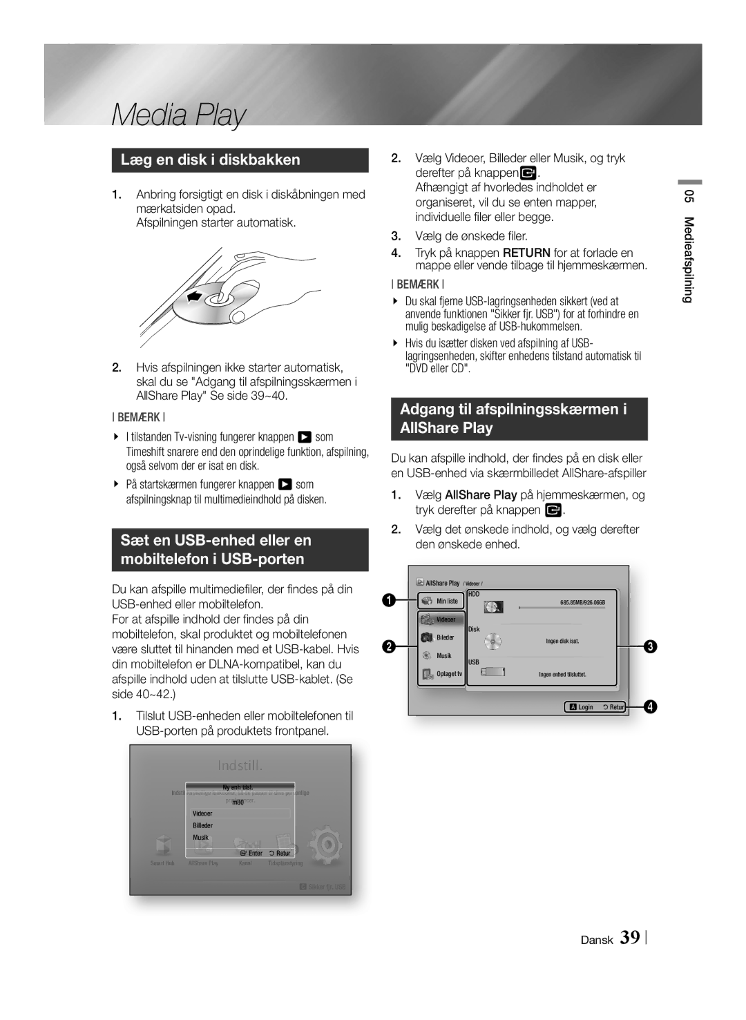 Samsung BD-E8300N/XE manual Læg en disk i diskbakken, Adgang til afspilningsskærmen i AllShare Play, Vælg de ønskede filer 