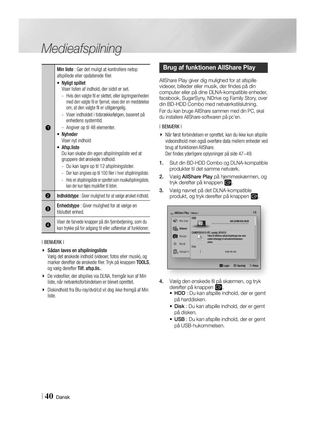 Samsung BD-E8500N/XE, BD-E8300N/XE, BD-E8900N/XE manual Medieafspilning, Brug af funktionen AllShare Play 