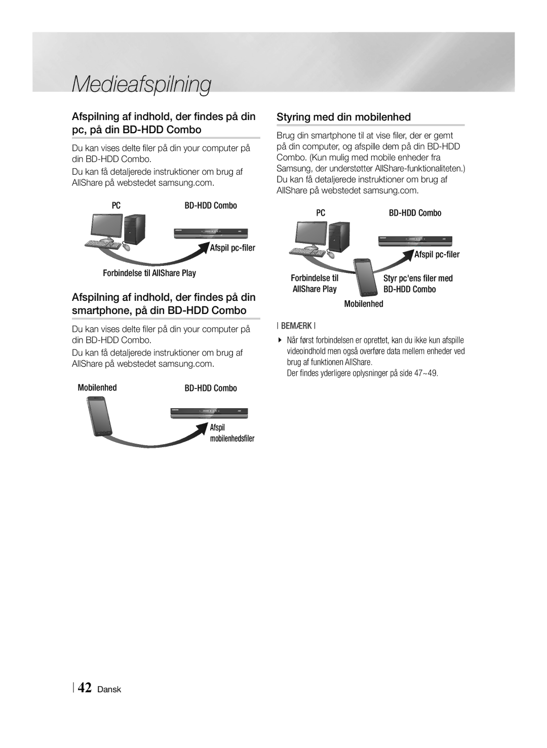 Samsung BD-E8300N/XE manual Styring med din mobilenhed, Forbindelse til AllShare Play, Mobilenhed, Styr pcens filer med 