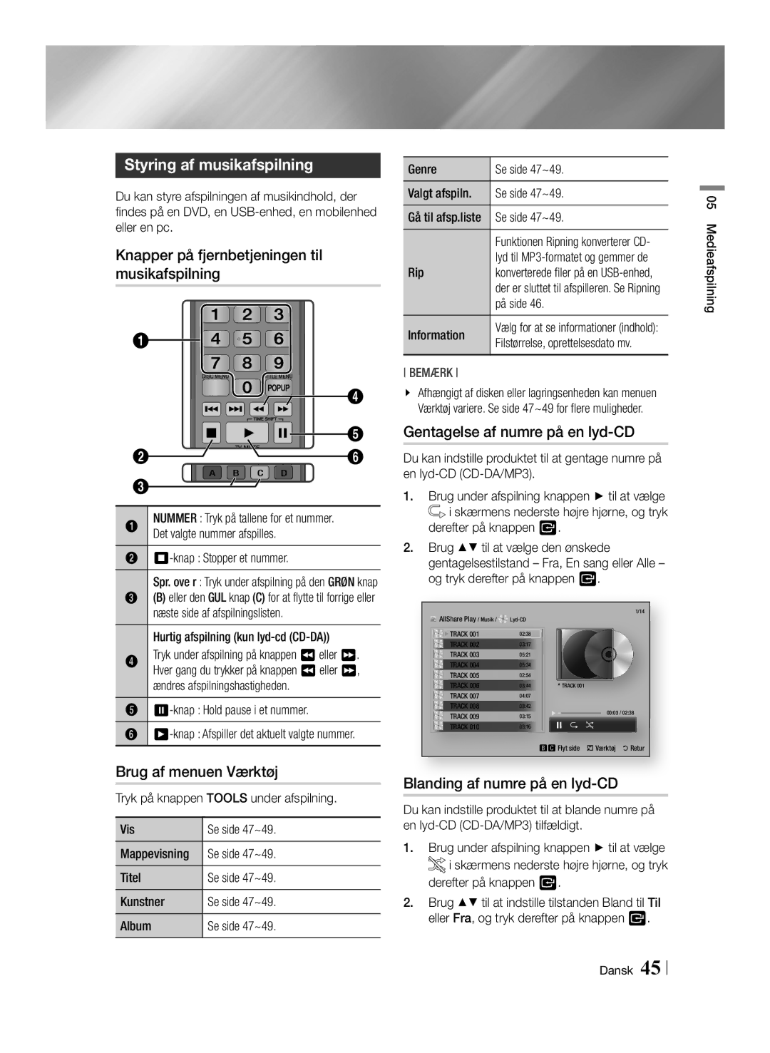 Samsung BD-E8300N/XE, BD-E8500N/XE manual Styring af musikafspilning, Knapper på fjernbetjeningen til, Musikafspilning 