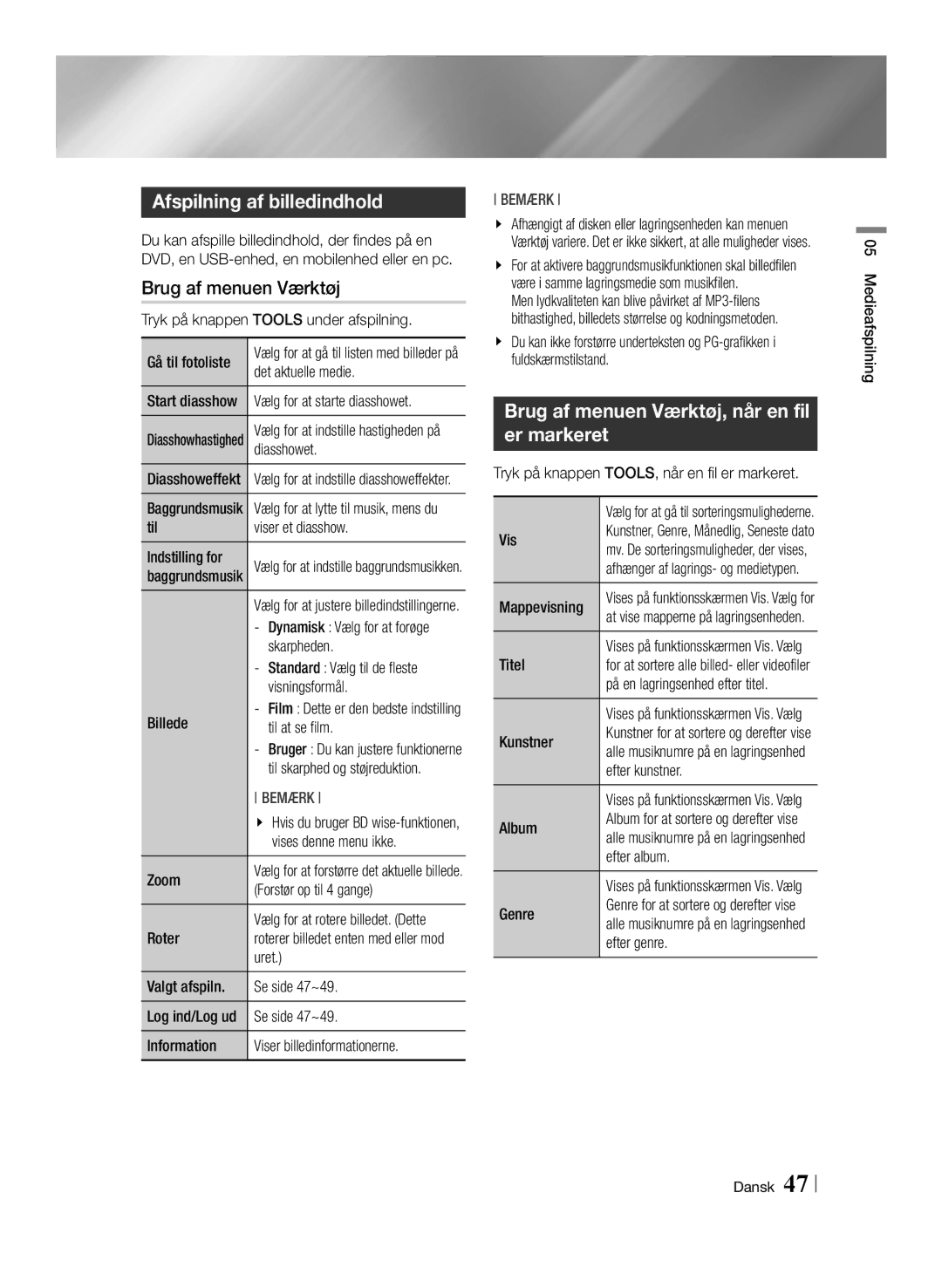 Samsung BD-E8900N/XE, BD-E8300N/XE manual Afspilning af billedindhold, Brug af menuen Værktøj, når en fil er markeret 