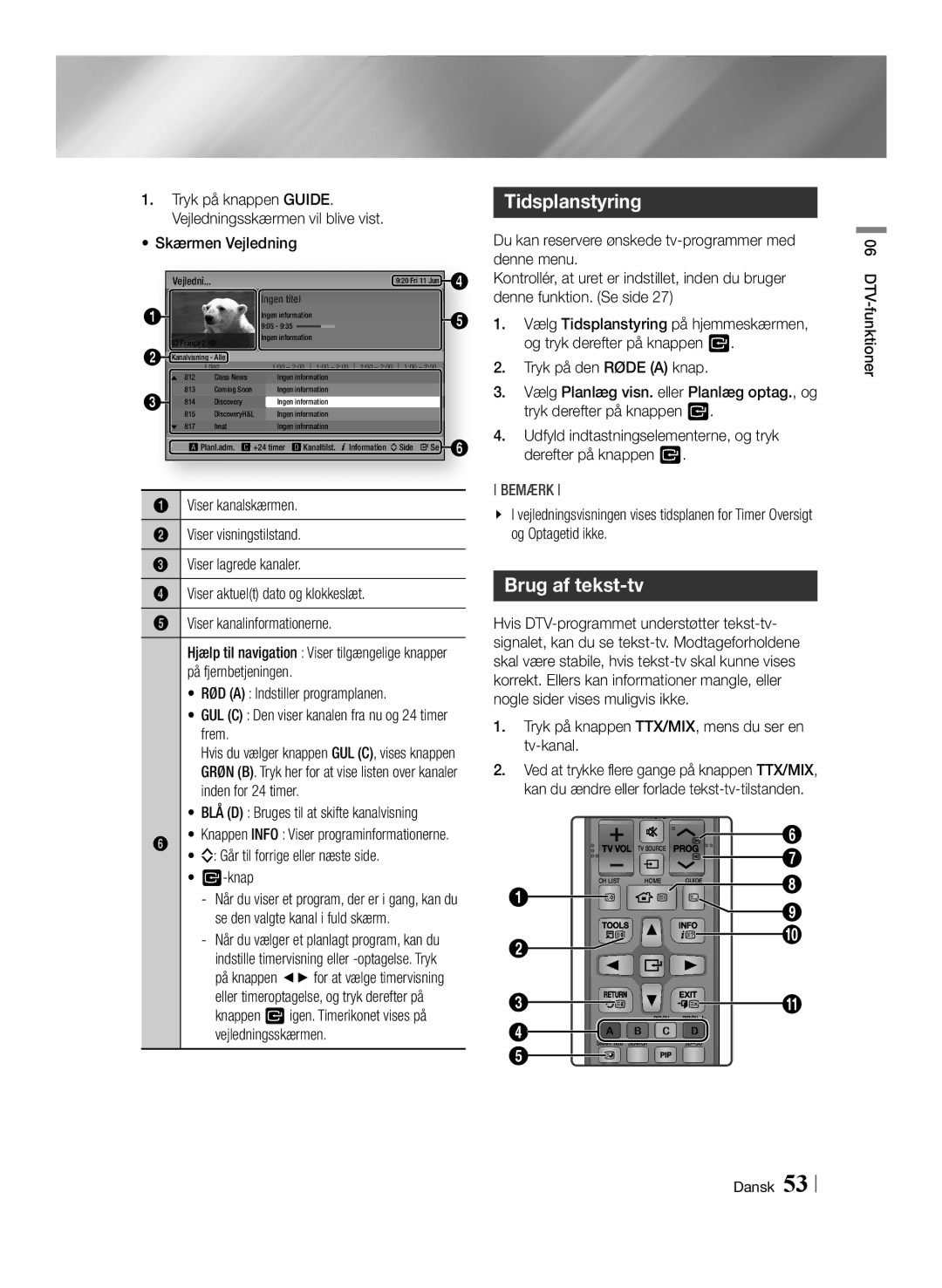 Samsung BD-E8900N/XE, BD-E8300N/XE, BD-E8500N/XE manual Tidsplanstyring, Brug af tekst-tv 