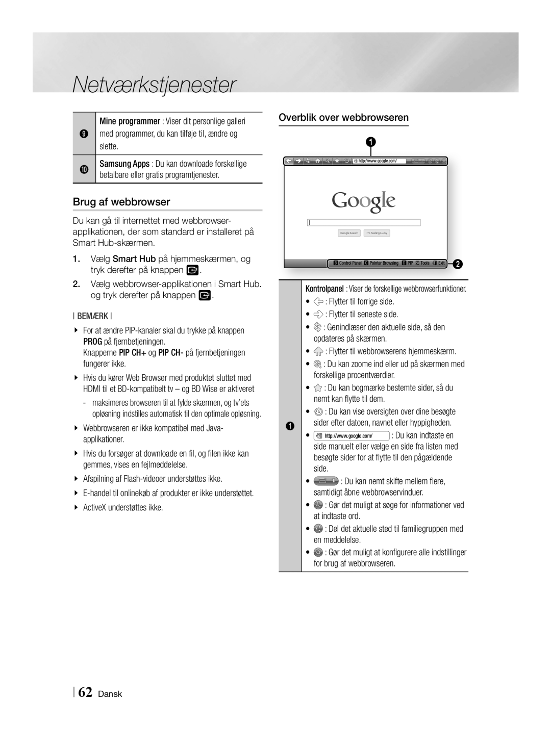 Samsung BD-E8900N/XE, BD-E8300N/XE, BD-E8500N/XE manual Brug af webbrowser, Overblik over webbrowseren 