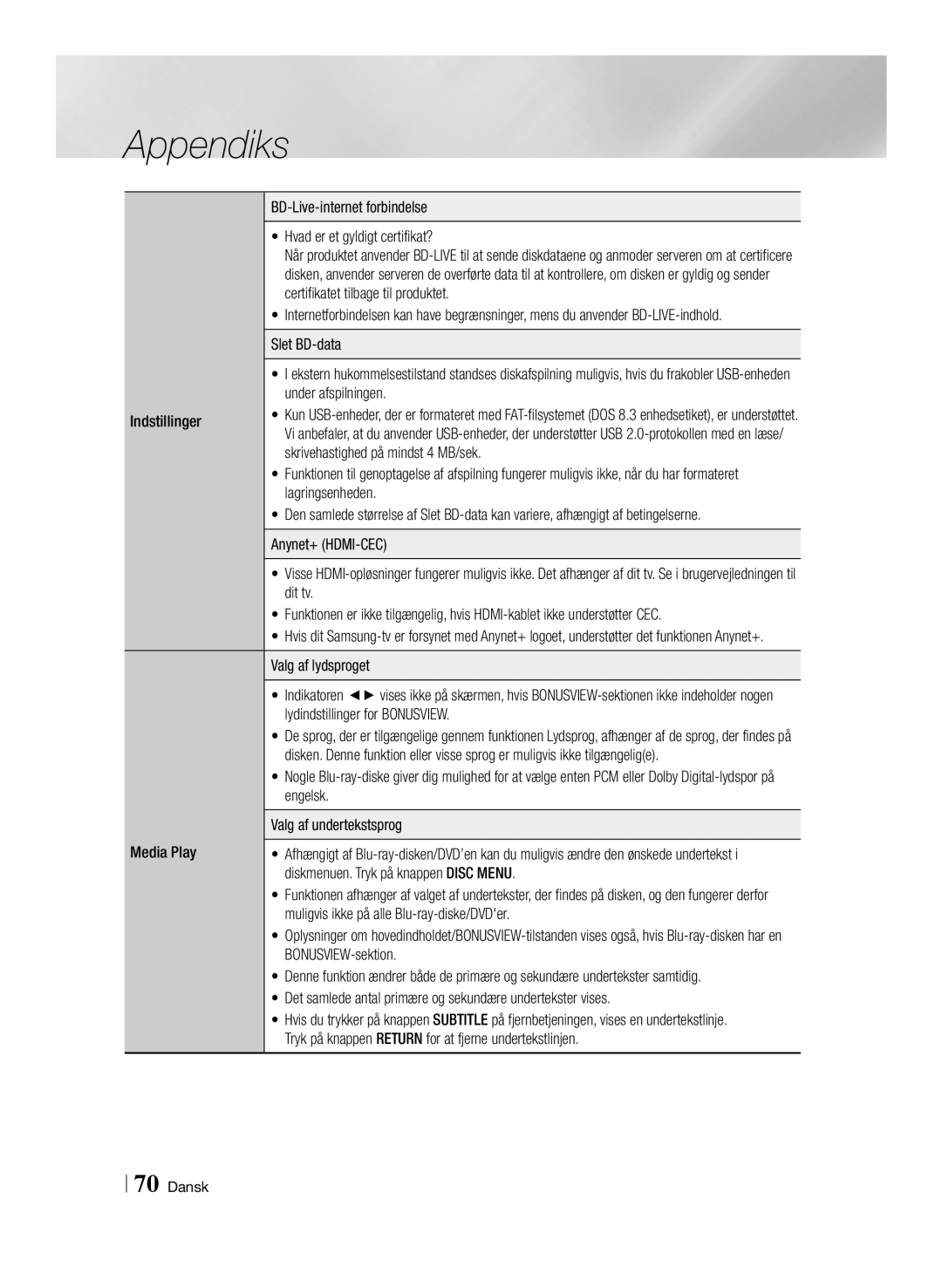 Samsung BD-E8500N/XE manual BD-Live-internet forbindelse Hvad er et gyldigt certifikat?, Under afspilningen, Indstillinger 