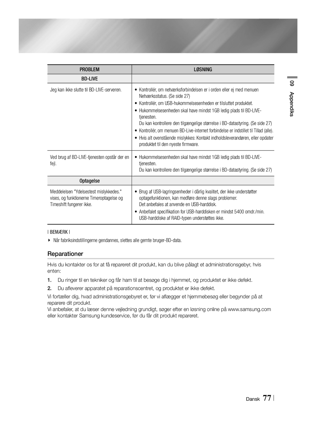 Samsung BD-E8900N/XE, BD-E8300N/XE manual Netværksstatus. Se side, Produktet til den nyeste firmware, Fejl Tjenesten 