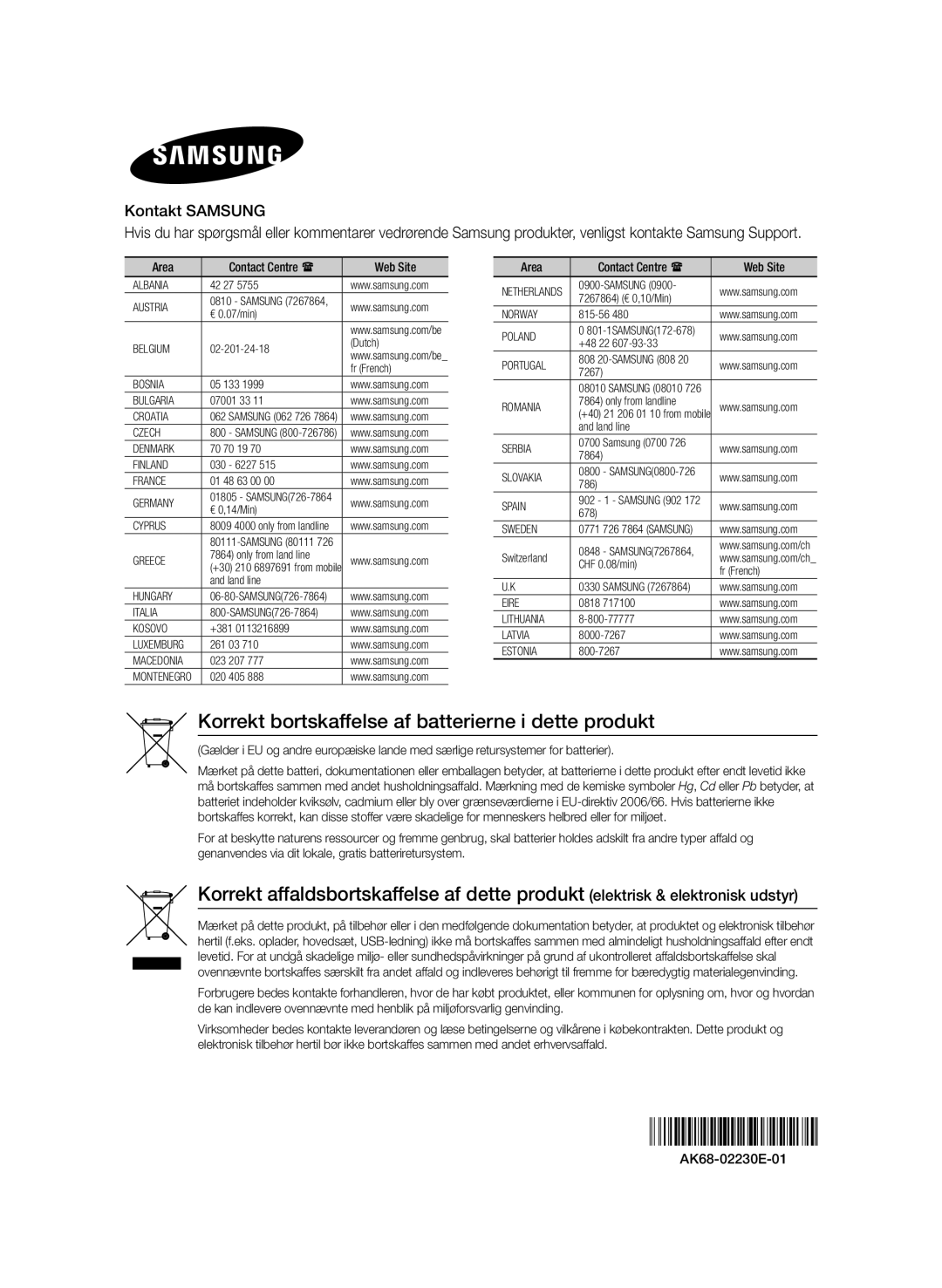 Samsung BD-E8900N/XE, BD-E8300N/XE, BD-E8500N/XE manual Korrekt bortskaffelse af batterierne i dette produkt, Kontakt Samsung 