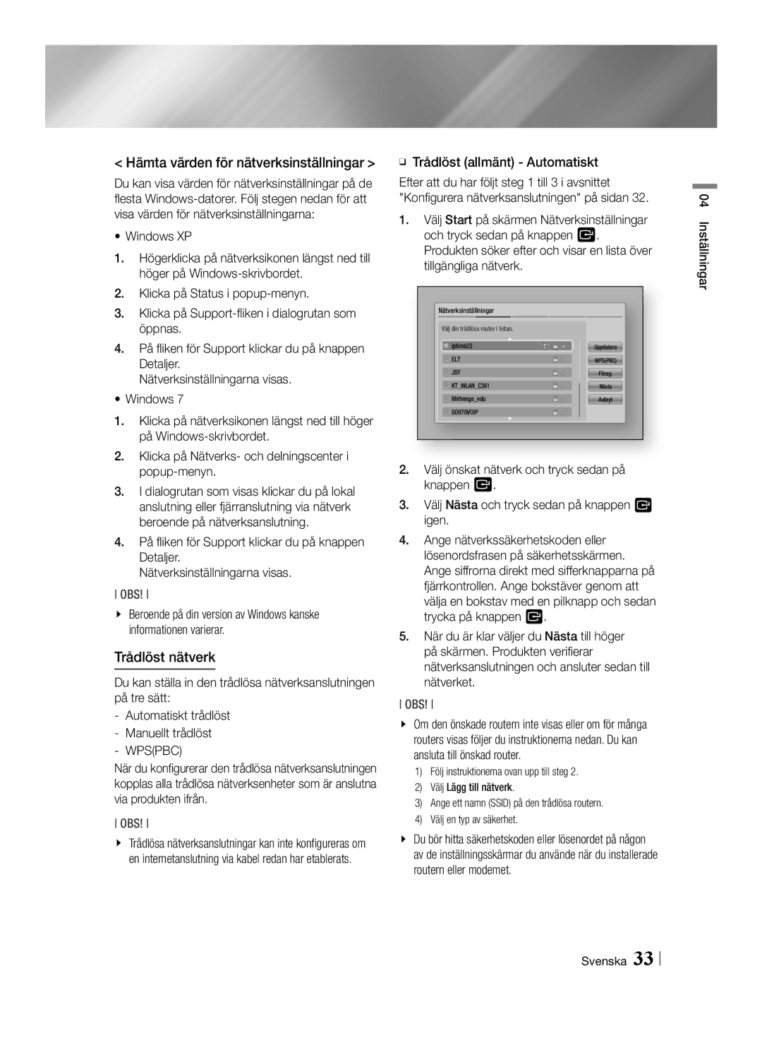 Samsung BD-E8300N/XE manual Hämta värden för nätverksinställningar, Trådlöst nätverk, ĞĞ Trådlöst allmänt Automatiskt 