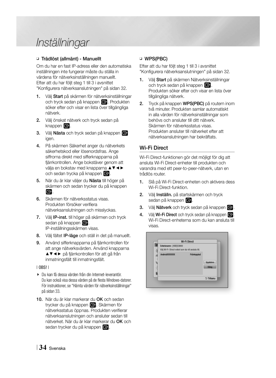 Samsung BD-E8500N/XE, BD-E8300N/XE, BD-E8900N/XE manual Wi-Fi Direct, ĞĞ Trådlöst allmänt Manuellt, ĞĞ Wpspbc 