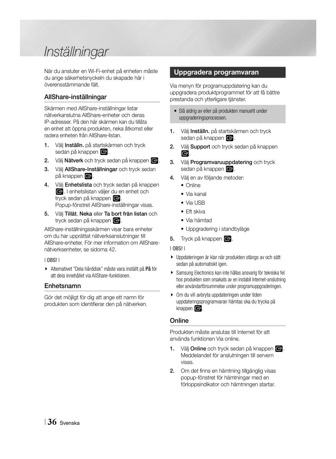 Samsung BD-E8300N/XE, BD-E8500N/XE, BD-E8900N/XE manual AllShare-inställningar, Enhetsnamn, Uppgradera programvaran, Online 